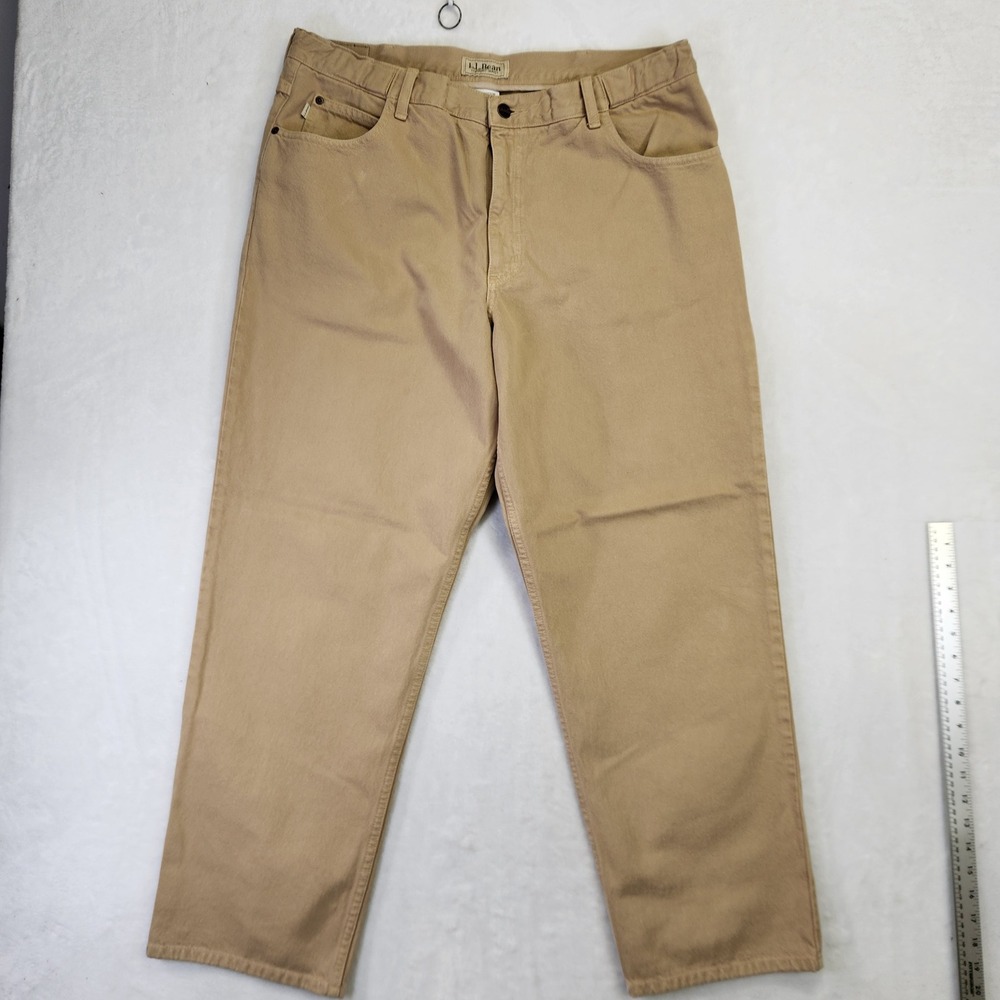 LL Bean Comfort Waist Khaki Tan Cotton Twill Pants Men 38x30 Straight Leg 250265